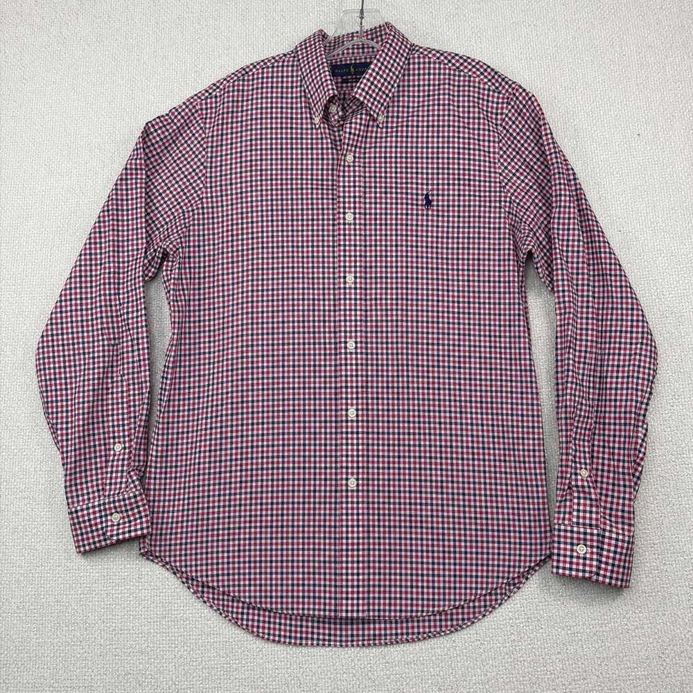Ralph Lauren Mens Gingham Check Non-Iron Cotton Button Down Shirt Red Navy L